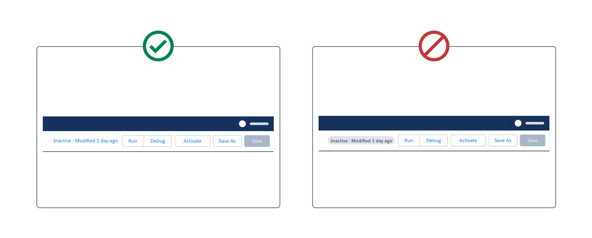 Two wireframes showing a text button conveying status text on the left, and the incorrect use of a badge to convey status text on the right. 