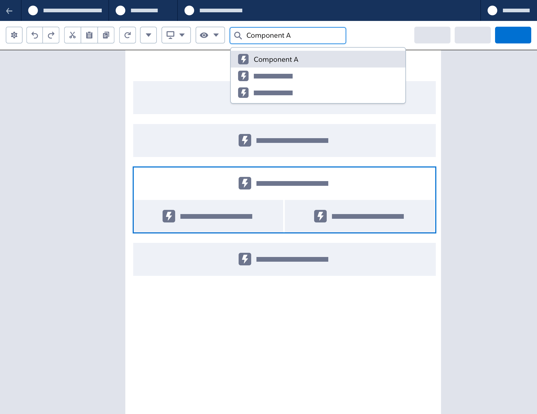 A wireframe showing Search list items highlighted on the canvas.