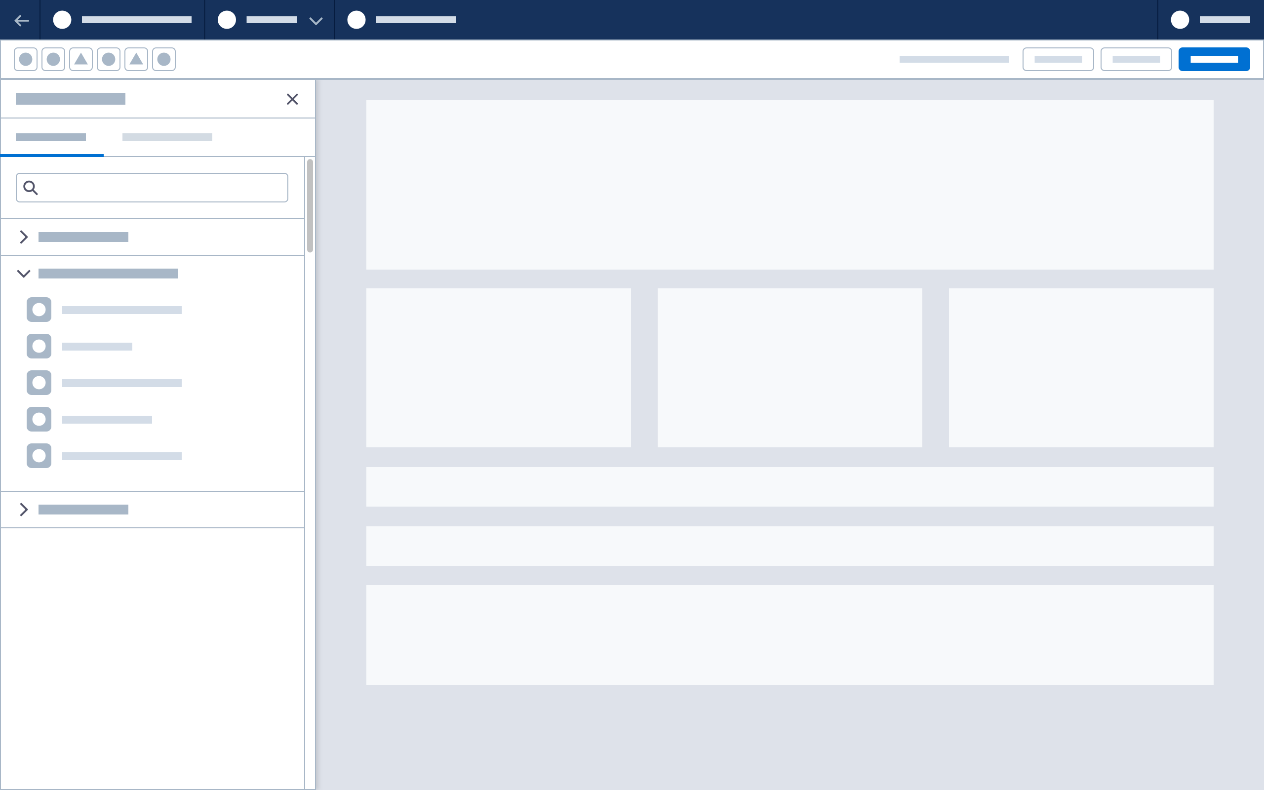 Wireframe showing the component list, with components grouped using accordions.