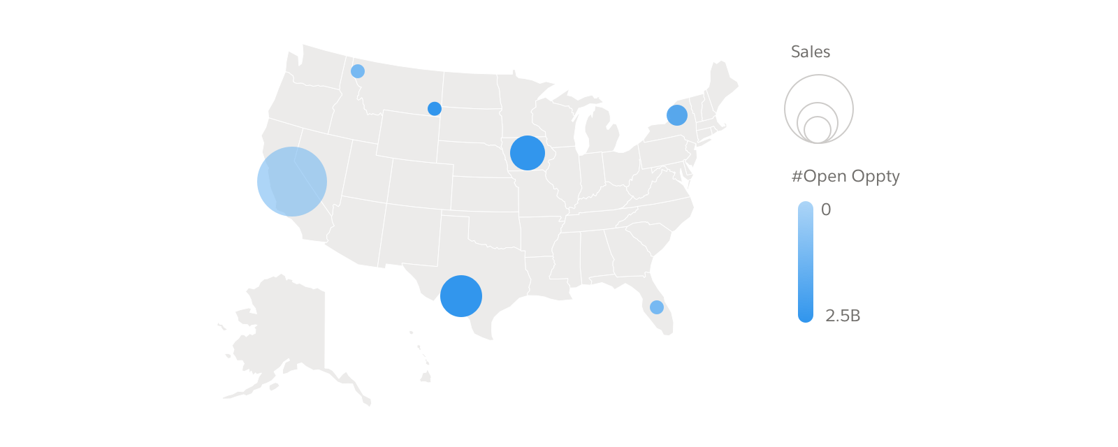 A geo map showing sales, profit, and open opportunities by state